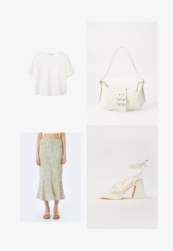 T-shirt blanc à manches courtes en coton. Doté d'un col ras du cou et d'une coupe décontractée. Texture lisse sans motifs ni accents visibles.; Koton MIDI - Jupe trapèze - green; Sandale blanche à talons hauts avec un talon épais, présentant un design à lanières et un lien autour de la cheville. Texture lisse avec une plateforme à l'avant pour une hauteur supplémentaire.; Sac à épaule blanc avec une finition texturée, une accentuation par une boucle centrale et une forme courbée. Fermetures éclair des deux côtés.