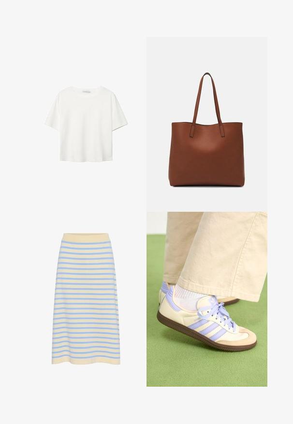 T-shirt blanc à manches courtes en coton. Doté d'un col ras du cou et d'une coupe décontractée. Texture lisse sans motifs ni accents visibles.; Jupe midi à rayures en coton doux avec une base jaune clair et des rayures horizontales bleues. Elle dispose d'une taille élastique côtelée.; Baskets crème et lavande avec trois bandes et une semelle marron texturée, dotées de lacets et d'un talon rembourré. Tige en tissu doux.; Sac fourre-tout en cuir marron avec une texture lisse, design à ouverture supérieure et deux poignées pour le porter à l'épaule. Présente des coutures minimales et aucun matériel visible.