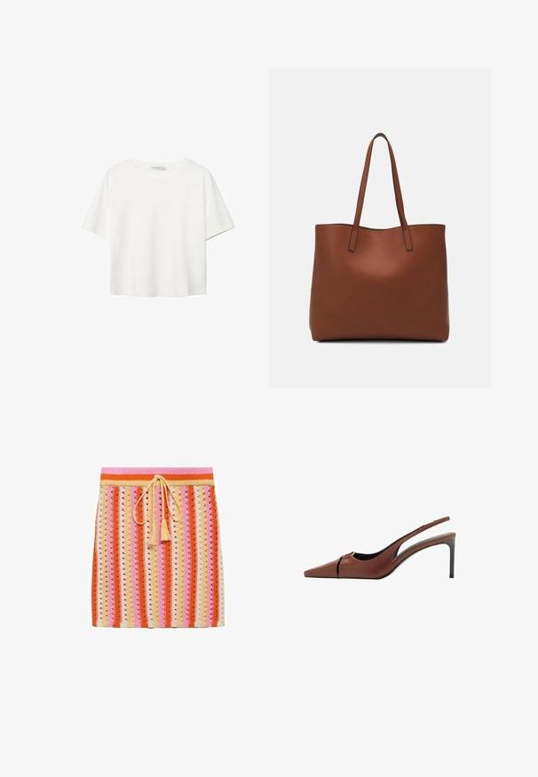 T-shirt bianco a maniche corte realizzato in cotone. Presenta un collo tondo e una vestibilità rilassata. Texture liscia senza motivi o dettagli visibili.; Gonna a maglia con motivi a strisce in arancione, rosa, crema e giallo, con vita regolabile e frange decorative.; Scarpa con tacco slingback in pelle marrone con punta appuntita, dettaglio a taglio sulla tomaia e un elegante tacco a stiletto. Texture liscia.; Borsa tote in pelle marrone con texture liscia, design con apertura superiore e due spallacci. Presenta cuciture minime e nessun hardware visibile.