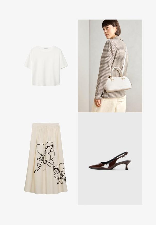 Bijela majica kratkih rukava od pamuka. Ima okrugli izrez i opušteni kroj. Glatka tekstura bez vidljivih uzoraka ili naglasaka.; Suknja krem boje s crnim cvjetnim vezom, s nabranim pojasom i lepršavim dizajnom, izrađena od lagane tkanine.; Smeđe patentne kožne cipele s otvorenom petom, špicastim vrhom i umjerenom petom. Imaju remen s kopčom za sigurno pristajanje. Glatka tekstura.; Bijela strukturna torba s kratkim ručkama i remenom za rame, s zlatnim metalnim detaljima i teksturiranim materijalom, prikazana na sivoj pozadini.