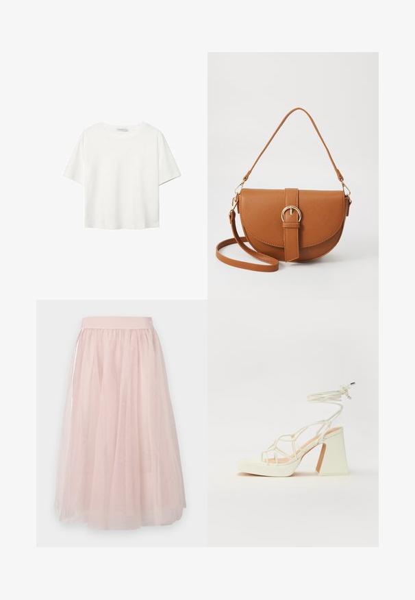 Bílý krátký rukáv tričko vyrobené z bavlny. Má kulatý výstřih a volný střih. Hladký materiál bez viditelných vzorů nebo akcentů.; Světle růžová tylová sukně s jemným, plynulým designem. Má elastický pas a jemnou průsvitnou texturu, vhodnou pro vrstvené styly.; Bílé sandály na vysokém podpatku s robustním podpatkem, s designem s pásky a zavazováním kolem kotníku. Hladký povrch s platformou vpředu pro zvýšení výšky.; Hnědá kožená křížová taška s zakřiveným tvarem, zlatými detaily a akcentem s přezkou. Obsahuje odnímatelný popruh na rameno.