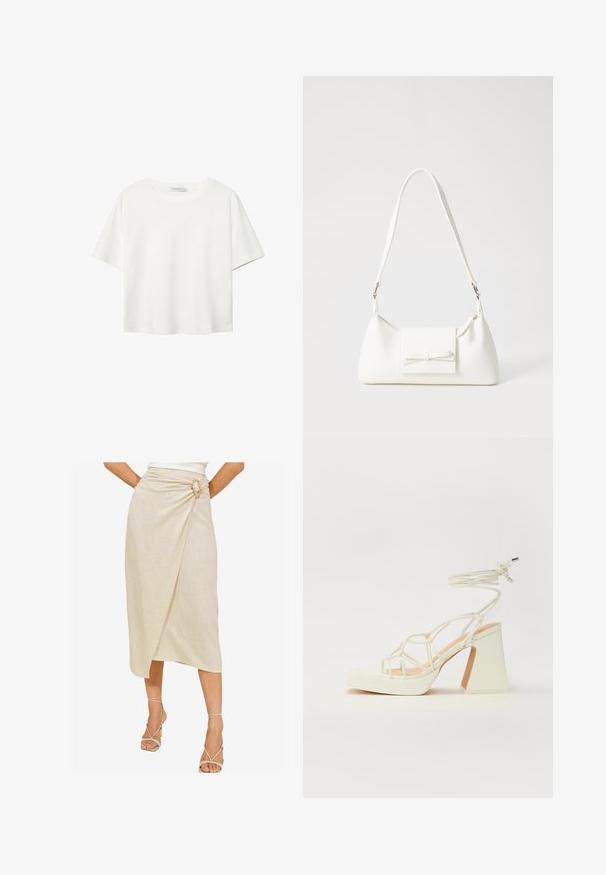 Valkoinen lyhythihainen T-paita, joka on tehty puuvillasta. Siinä on pyöreä kaula-aukko ja rento malli. Silkkinen pinta ilman näkyviä kuvioita tai koristeita.; Beige wrap hame tehty teksturoituneesta pellavasta, jossa on ainutlaatuinen kultainen solki ja polven pituinen epäsymmetrinen helma.; Valkoinen korkokenkä, jossa on paksu korko, ja joka sisältää nauhakiinnityksen ja nilkkaketjun. Sujuva pinta, jossa on platform-etupohja lisäkorkeutta varten.; Valkoinen synteettinen käsilaukku, jossa on kolmikulmainen muoto, tasainen etu läppä ja nauhadetail, säädettävä olkahihna, sileä rakenne ja minimalinen muotoilu.