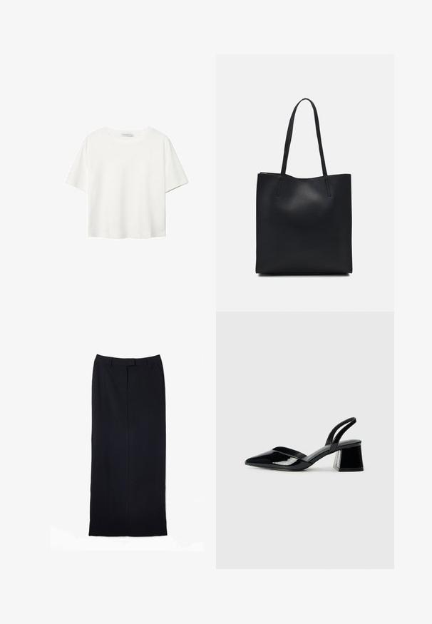 T-shirt bianco a maniche corte realizzato in cotone. Presenta un collo tondo e una vestibilità rilassata. Texture liscia senza motivi o dettagli visibili.; Gonna lunga nera a taglio dritto realizzata in tessuto liscio, con vita, due tasche laterali e un orlo pulito senza motivi visibili.; Décolleté in vernice nera con punta affusolata e tacco in geometria cubica. Presentano un design elegante e minimalista, con una texture liscia.; Borsa tote in pelle nera con texture liscia, forma rettangolare e due manici lunghi. Nessun hardware o decorazione visibile.