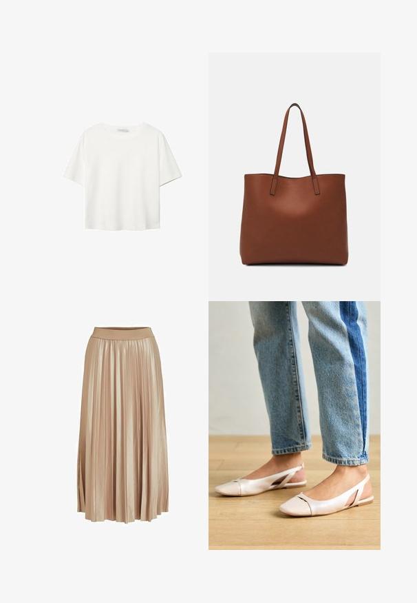Valkoinen lyhythihainen T-paita, joka on tehty puuvillasta. Siinä on pyöreä kaula-aukko ja rento malli. Silkkinen pinta ilman näkyviä kuvioita tai koristeita.; Viskoottihame vaaleanbeigessä satiinimateriaalissa. Varustettu leveällä, joustavalla vyötärönauhalla ja tyylikkäillä pystyröyhelöillä koko pituudelta.; Vaaleanpunaiset slingback-ballerinat, joissa on terävä kärki, valmistettu sileästä nahkamaisesta materiaalista. Sivujen leikkuuyksityiskohdat ja tasapohja.; Ruskea nahkainen olkalaukku, jossa on sileä pinta, avoin yläosa ja kaksi olkahihnaa. Omaavat vain minimaalisen ompelun eikä näkyvää metalliosaa.