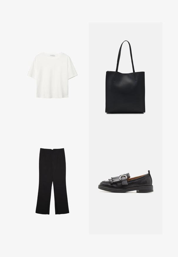 Bela kratka majica s kratkimi rokavi iz bombaža. Ima okroglo izrezovanje in sproščen kroj. Gladka tekstura brez vidnih vzorcev ali poudarkov.; Črne hlače ravnega kroja z naglavnimi žepi in stranskimi razporki na robu. Narejene iz mehke, gladke tkanine. Primerne za različne priložnosti.; Pavement MATILDA - Čevlji brez vezalk - black; Črna usnjena torba s svilnato teksturo, pravokotne oblike in dvema dolgima ročajema. Brez vidnih metalnih delov ali okrasnih elementov.