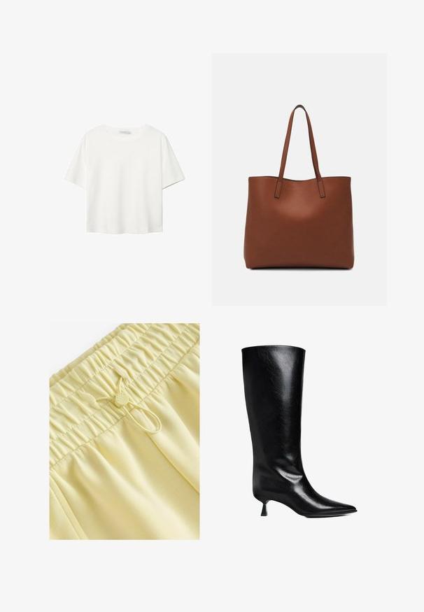 Valkoinen lyhythihainen T-paita, joka on tehty puuvillasta. Siinä on pyöreä kaula-aukko ja rento malli. Silkkinen pinta ilman näkyviä kuvioita tai koristeita.; Keltaiset elastisella vyötärönauhalla varustetut shortsit, joissa on poimutettu pinta, säädettävä nauha ja sileä kangas. Yksinkertainen muotoilu ilman kuvioita tai koristuksia.; Mustassa nahasta valmistetut polvipituiset saappaat, joissa on teräväkärkinen muotoilu, hoikka siluetti ja matala lohkarekorko, joka kiiltää.; Ruskea nahkainen olkalaukku, jossa on sileä pinta, avoin yläosa ja kaksi olkahihnaa. Omaavat vain minimaalisen ompelun eikä näkyvää metalliosaa.