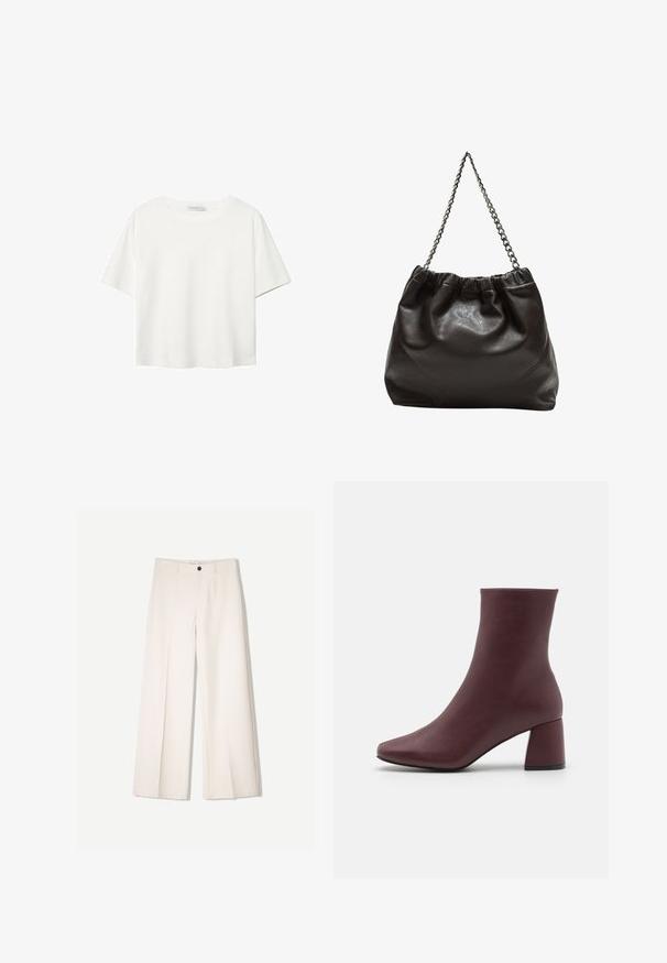 Bela kratka majica s kratkimi rokavi iz bombaža. Ima okroglo izrezovanje in sproščen kroj. Gladka tekstura brez vidnih vzorcev ali poudarkov.; Kremne široke hlače s krojem, ki vključujejo dve sprednji žepi in en sprednji gumb za zapiranje, izdelane iz gladkega blaga.; ONLY SHOES ONLBRIELLE - Gležnjarji - dark red; Rjava usnjena torba z nabranim vrhom in verižnim trakom. Gladka tekstura z sijajno površino in subtilnimi šivi na straneh.