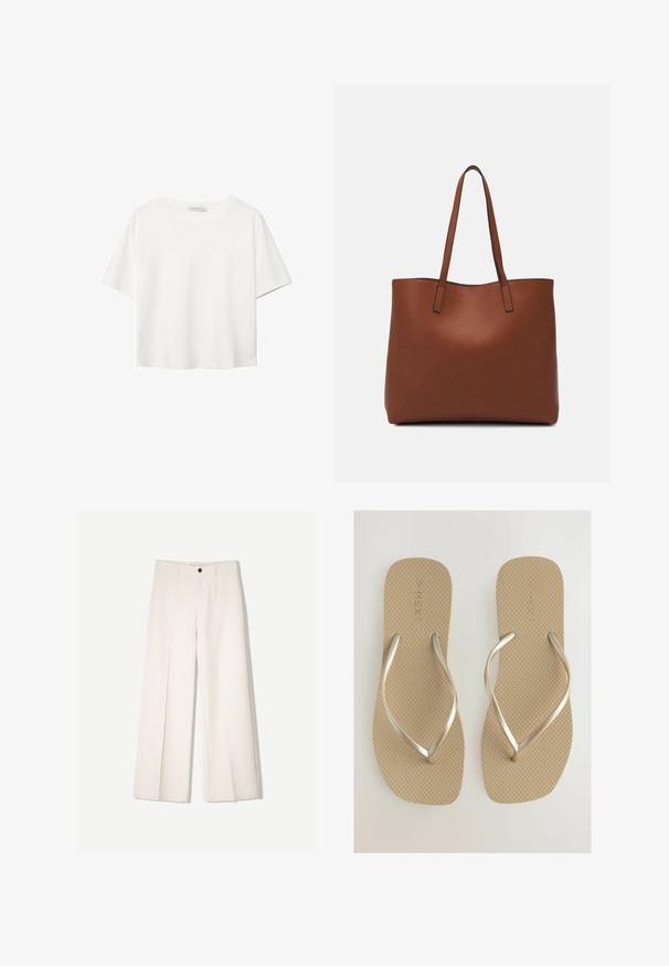 Hvid kortærmet t-shirt lavet af bomuld. Har en rund halsudskæring og en afslappet pasform. Glat tekstur uden synlige mønstre eller detaljer.; Cremefarvede bukser med bred benvidde og skræddersyet design, der har to forlommer og en enkelt frontknaplukning, lavet af et glat stof.; Beige flip-flops med en tekstureret sål og metallic sølv stropper. Simpelt design, der har en flad og bred sål for komfort.; Brun læder tote taske med en glat overflade, åben topdesign og to skulderremme. Har minimal syning og ingen synlig hardware.