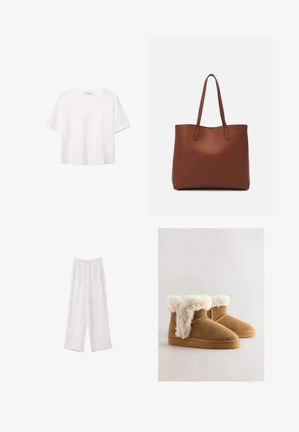Hvid kortærmet t-shirt lavet af bomuld. Har en rund halsudskæring og en afslappet pasform. Glat tekstur uden synlige mønstre eller detaljer.; Hvide bukser med bred benlængde lavet af et letvægtsstof. Har et elastisk talje med snor og sidelommer. Glat tekstur.; Brune ruskinds ankelstøvler med en fluffy, hvid fake fur-kant, rund tå og flad gummisål. Syninger langs siderne.; Brun læder tote taske med en glat overflade, åben topdesign og to skulderremme. Har minimal syning og ingen synlig hardware.