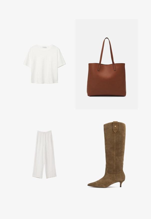 Biała koszulka z krótkim rękawem, wykonana z bawełny. Posiada okrągły dekolt i luźny krój. Gładka faktura bez widocznych wzorów czy akcentów.; Białe spodnie o szerokich nogawkach wykonane z lekkiego materiału. Posiadają elastyczny pas z sznurkiem i boczne kieszenie. Gładka tekstura.; Zamszowe kozaki do kolan w oliwkowym kolorze z wydłużonym noskiem i 5-centymetrowym obcasem, ozdobione przeszywanym wzorem oraz tylnym uchwytem z złotym akcentem.; Brązowa skórzana torba tote o gładkiej fakturze, z otwartym wierzchem i dwoma ramiączkami. Charakteryzuje się minimalnym przeszyciem i brakiem widocznych elementów metalowych.