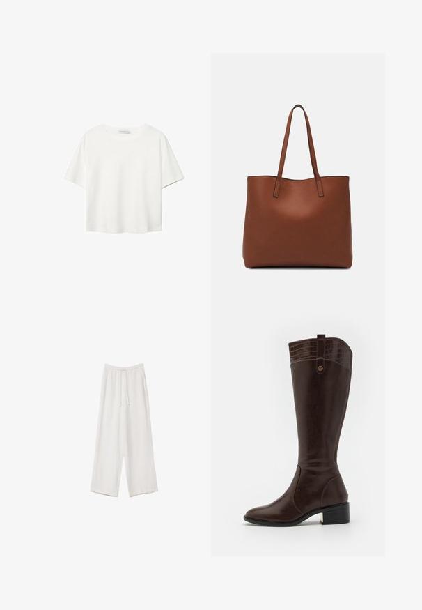 T-shirt blanc à manches courtes en coton. Doté d'un col ras du cou et d'une coupe décontractée. Texture lisse sans motifs ni accents visibles.; Pantalons larges blancs en tissu léger. Dotés d'une taille élastique avec cordon de serrage et de poches latérales. Texture lisse.; Anna Field Bottes - brown; Sac fourre-tout en cuir marron avec une texture lisse, design à ouverture supérieure et deux poignées pour le porter à l'épaule. Présente des coutures minimales et aucun matériel visible.