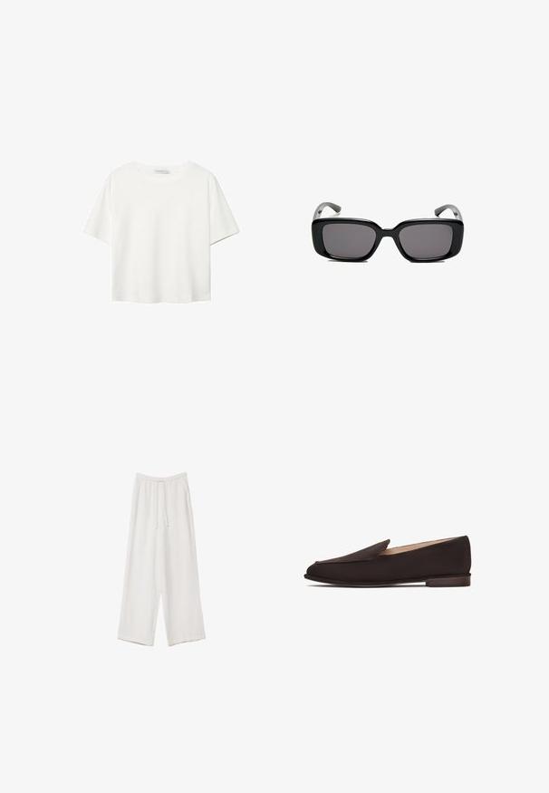 Bijela majica kratkih rukava od pamuka. Ima okrugli izrez i opušteni kroj. Glatka tekstura bez vidljivih uzoraka ili naglasaka.; Bijele hlače širokih nogavica napravljene od lagane tkanine. Imaju elastičan pojas s ušicom i bočne džepove. Glatka tekstura.; Crne loafers cjelovite tkanine s glatkim gornjim dijelom, šiljastim vrhom i niskim drvenim potplatom. Ima jednostavan dizajn koji se lako navlači, bez vidljivog hardvera ili ukrasa.; Crne pravokutne sunčane naočale s tamnim lećama, glatkim plastičnim okvirom i zakrivljenim državama. Dizajn je masivan s minimalističkom estetikom.