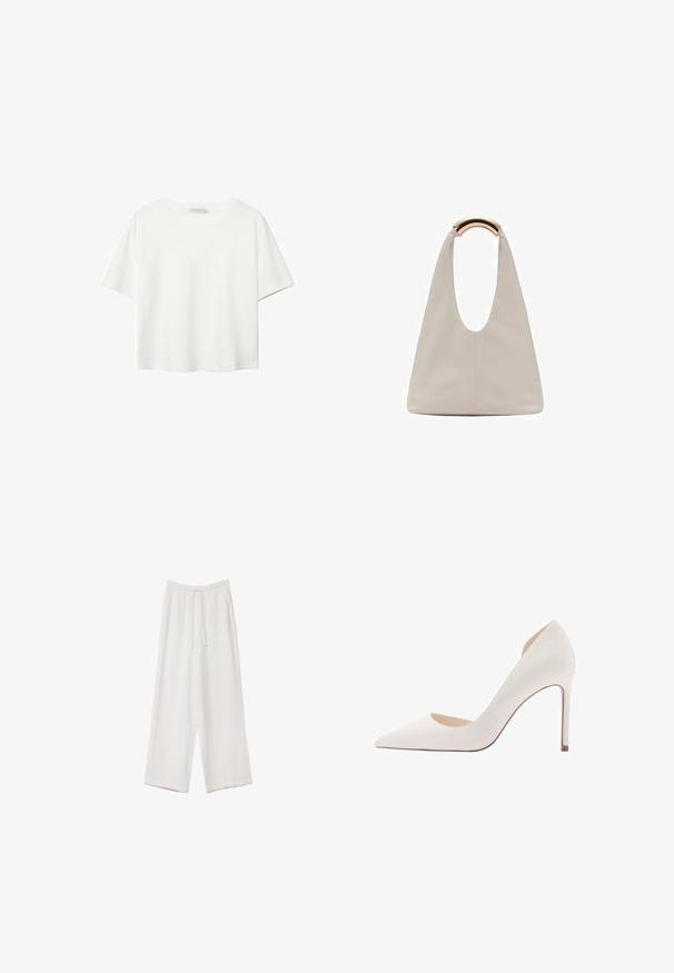 T-shirt blanc à manches courtes en coton. Doté d'un col ras du cou et d'une coupe décontractée. Texture lisse sans motifs ni accents visibles.; Pantalons larges blancs en tissu léger. Dotés d'une taille élastique avec cordon de serrage et de poches latérales. Texture lisse.; Chaussure à talons aiguilles blancs à bout pointu avec une texture lisse, une silhouette élégante et un fin talon stiletto ; présente un côté découpé.; Sac en cuir gris clair avec un design en forme de U et une poignée métallique courbée. Texture lisse avec un minimum de coutures et sans motifs visibles.
