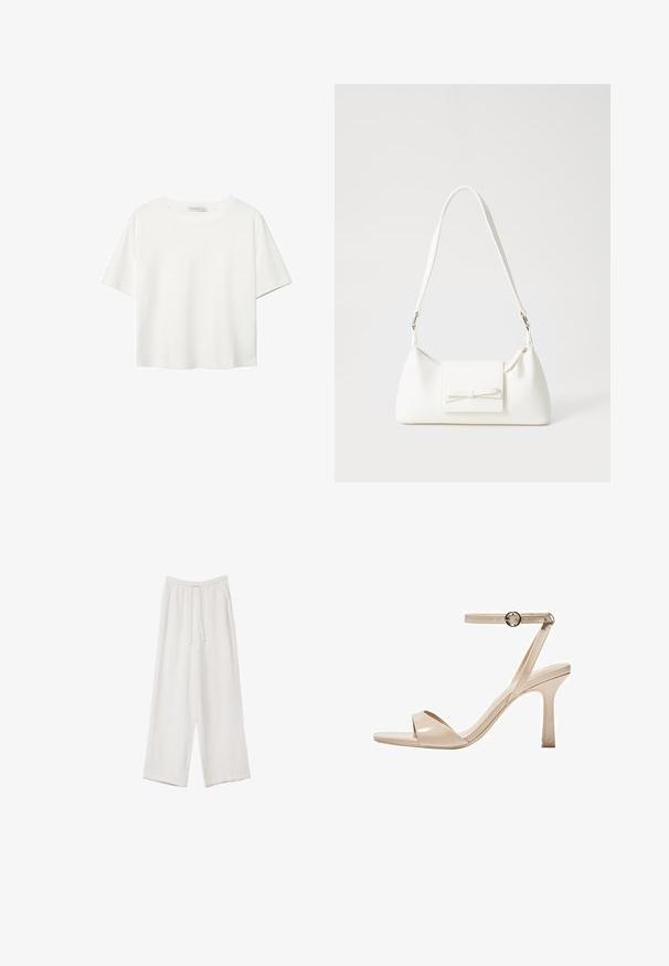Bela kratka majica s kratkimi rokavi iz bombaža. Ima okroglo izrezovanje in sproščen kroj. Gladka tekstura brez vidnih vzorcev ali poudarkov.; Bele široke hlače iz lahkega materiala. Imajo elastičen pas s vrvico in stranske žepe. Gladka tekstura.; Nude lakirane sandale na visokih peta s tankim remenom oko gležnja i okruglo kopčanje, dizajn otvorenog prsta i vitka stiletto peta.; Bela sintetična torbica v obliki trikotnika, z ravnim sprednjim poklopcem in detajlom mašne, nastavljivim trakom, gladko teksturo in minimalističnim dizajnom.