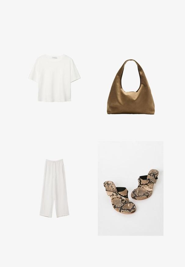 White short-sleeve t-shirt made of cotton. Features a crew neckline and a relaxed fit. Smooth texture with no visible patterns or accents.; White wide-leg trousers made from a lightweight fabric. Features an elastic waistband with a drawstring and side pockets. Smooth texture.; Friends Like These T-bar sandals - snake print; Brown fabric shoulder bag with a wide, rounded body and a large cutout handle. Soft texture, minimalistic design, and no visible hardware.