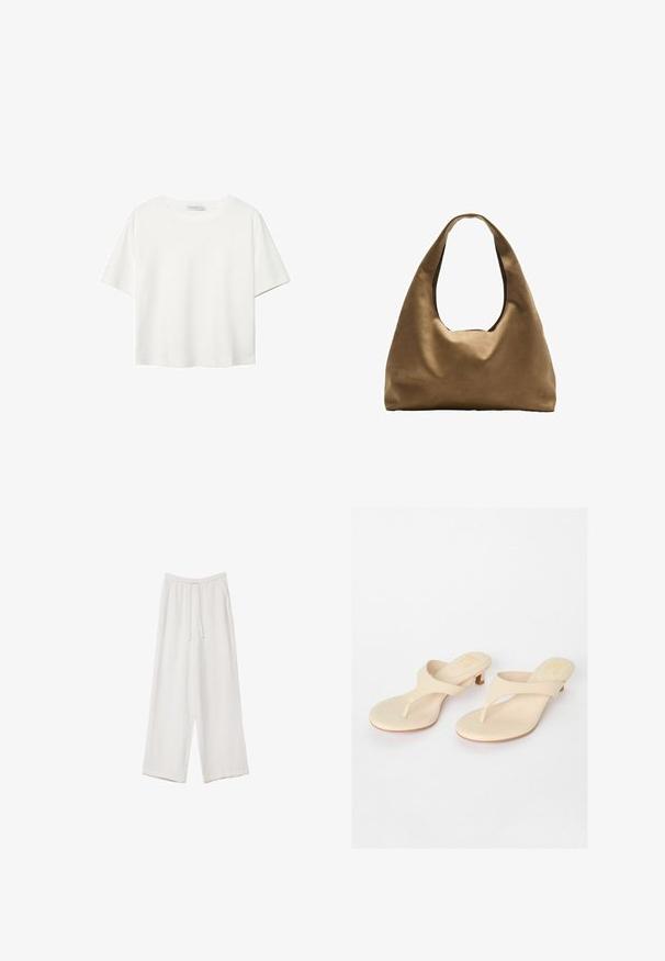 Weißes T-Shirt mit kurzen Ärmeln aus Baumwolle. Hat einen Rundhalsausschnitt und eine lockere Passform. Glatte Textur ohne sichtbare Muster oder Akzente.; Weiße weit geschnittene Hose aus leichtem Stoff. Mit einem elastischen Bund und Kordelzug sowie Seitentaschen. Glatte Textur.; Beige Zehentrenner mit einem glatten synthetischen Obermaterial und kleinem Blockabsatz. Minimalistisches Design mit Zehensteg und abgerundetem Fußbett.; Braune Stoffschultertasche mit einem breiten, runden Körper und einem großen Ausschnittgriff. Sanfte Textur, minimalistisches Design und keine sichtbaren Beschläge.