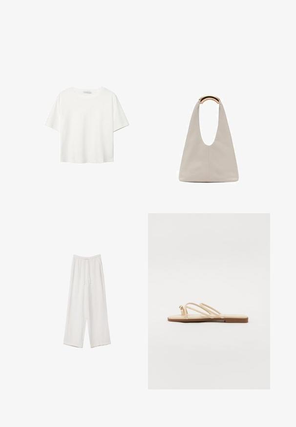 Witte korte mouwen t-shirt van katoen. Heeft een ronde halslijn en een ontspannen pasvorm. Glad textuur zonder zichtbare patronen of accenten.; Witte wijde broek gemaakt van een lichte stof. Voorzien van een elastische tailleband met een trekkoord en zijzakken. Zachte textuur.; Beige platte sandalen met drie dunne bandjes en een kleine afgeronde gouden accent. Gladde materialen met een minimalistisch ontwerp en een tan zool.; Lichtgrijze leren tas met een U-vormig ontwerp en een gebogen metalen handvat. Glad oppervlak met minimale stiksels en geen zichtbare patronen.