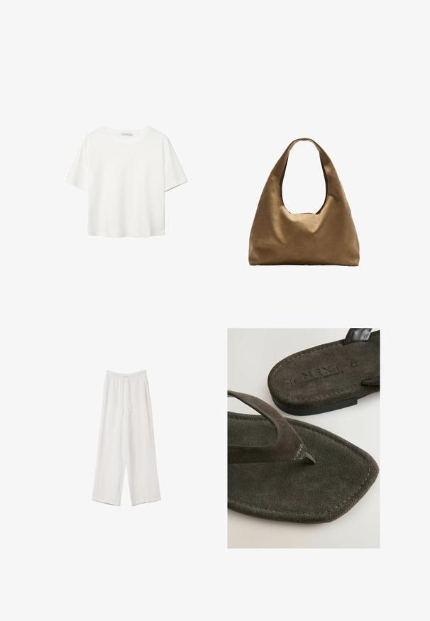 Hvid kortærmet t-shirt lavet af bomuld. Har en rund halsudskæring og en afslappet pasform. Glat tekstur uden synlige mønstre eller detaljer.; Hvide bukser med bred benlængde lavet af et letvægtsstof. Har et elastisk talje med snor og sidelommer. Glat tekstur.; Mørkebrune flip-flops med ruskindsoverflade og en distinkt tåpost, der har mærkenavnet "NEXT" præget på sålen.; Brun stof skuldertaske med en bred, rundet krop og et stort udsnit håndtag. Blød tekstur, minimalistisk design og ingen synlig hardware.
