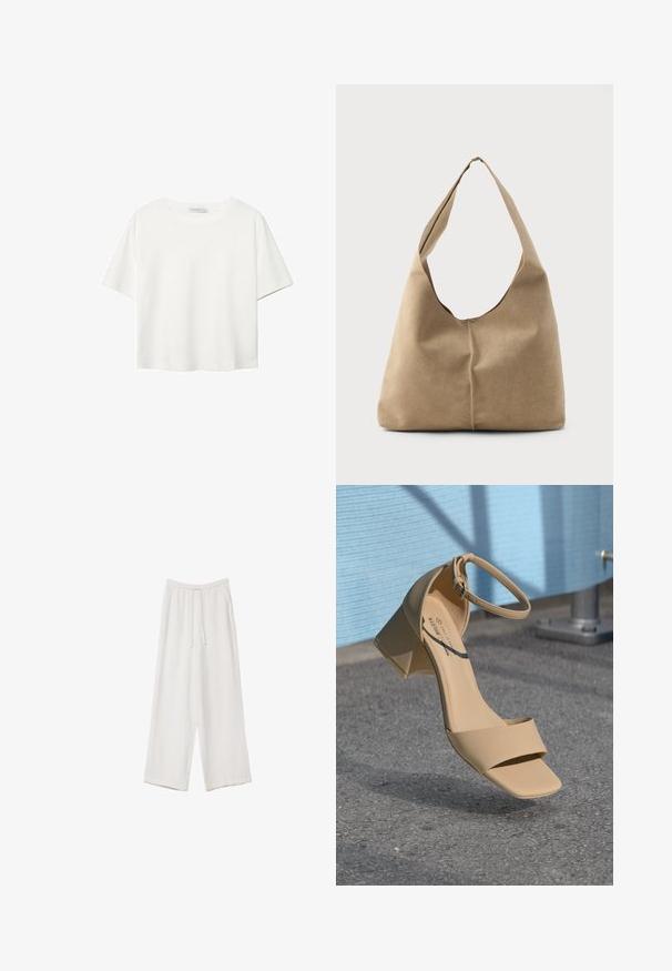 Witte korte mouwen t-shirt van katoen. Heeft een ronde halslijn en een ontspannen pasvorm. Glad textuur zonder zichtbare patronen of accenten.; Witte wijde broek gemaakt van een lichte stof. Voorzien van een elastische tailleband met een trekkoord en zijzakken. Zachte textuur.; Beige blokhak sandaal met een vierkante neus, minimale bandjes en een enkelgesp. Gladde, matte stof tegen een grijze ondergrond.; Hobo tas in zacht beige suede met een slungelige vorm, brede schouderband en een handgestikte naad langs de voorkant.
