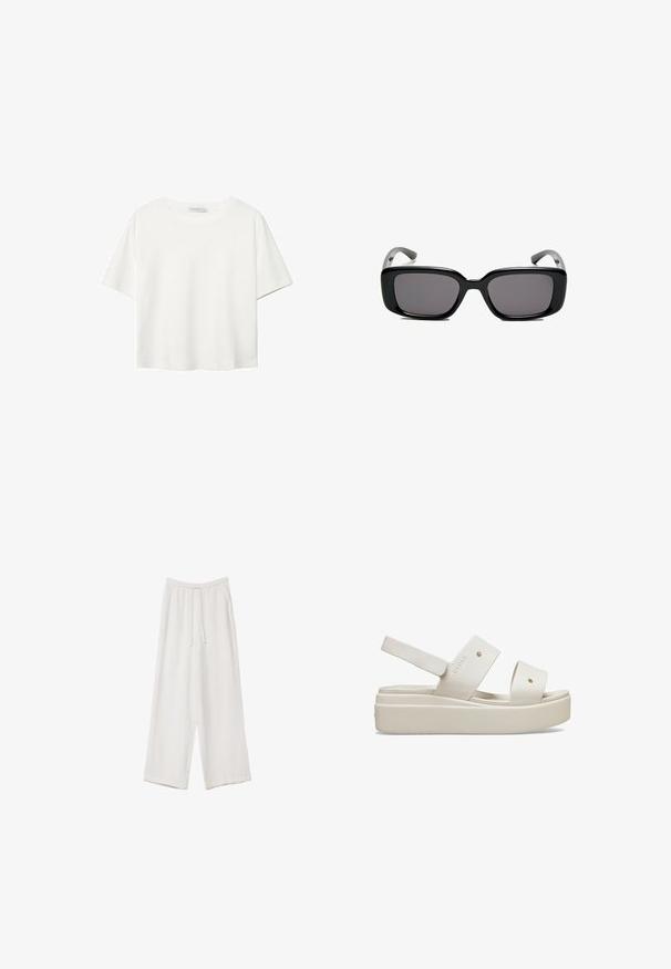 Hvid kortærmet t-shirt lavet af bomuld. Har en rund halsudskæring og en afslappet pasform. Glat tekstur uden synlige mønstre eller detaljer.; Hvide bukser med bred benlængde lavet af et letvægtsstof. Har et elastisk talje med snor og sidelommer. Glat tekstur.; Hvide platformsandaler med brede remme, lavet af glat materiale, med justerbar bagrem og udtalt sål. Minimalistisk design.; Sorte rektangulære solbriller med mørke linser, glat plastikramme og buede stænger. Designet er klodset med en minimalistisk æstetik.