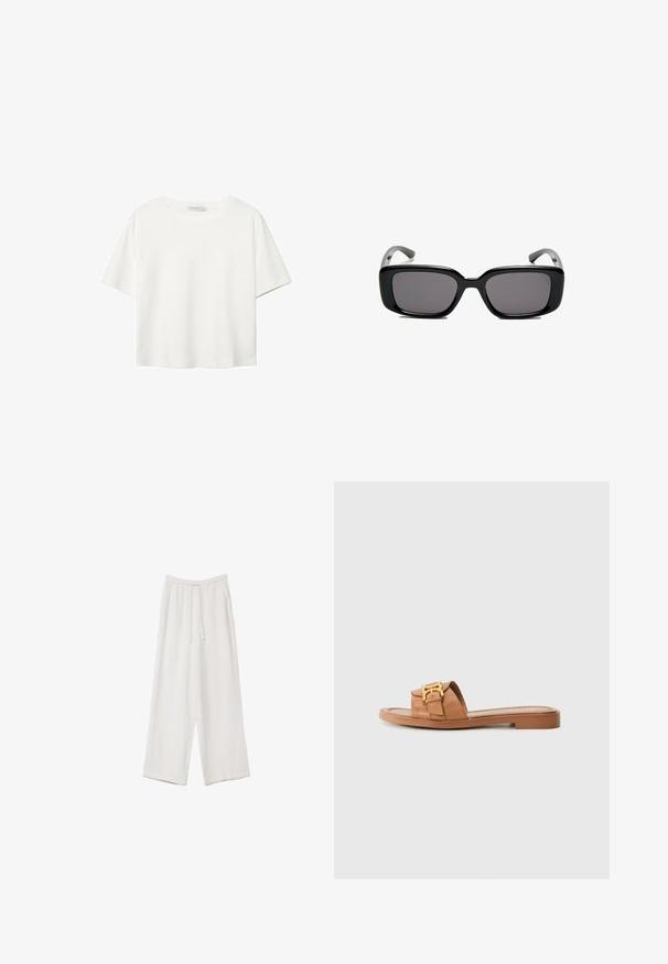 T-shirt bianco a maniche corte realizzato in cotone. Presenta un collo tondo e una vestibilità rilassata. Texture liscia senza motivi o dettagli visibili.; Pantaloni a gamba larga bianchi realizzati in un tessuto leggero. Presentano una vita elastica con cordoncino e tasche laterali. Texture liscia.; Sandalo scivolato in pelle marrone con cinturino largo, dettaglio in metallo dorato, suola piatta e design minimalista. Adatto per un abbigliamento casual.; Occhiali da sole neri rettangolari con lenti scure, montatura in plastica liscia e tempie curve. Il design è voluminoso con un'estetica minimalista.