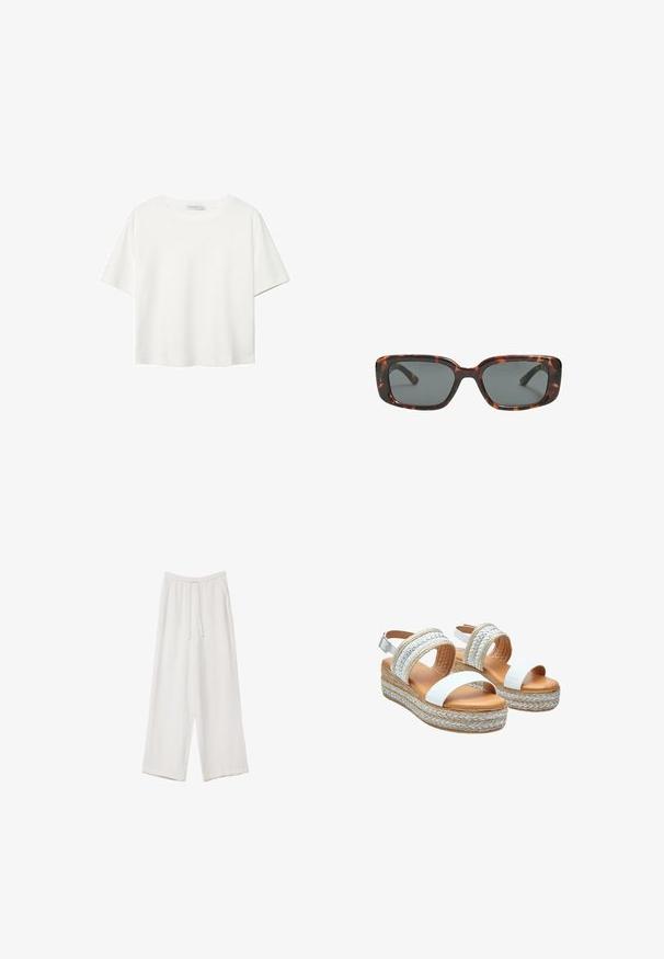 Bijela majica kratkih rukava od pamuka. Ima okrugli izrez i opušteni kroj. Glatka tekstura bez vidljivih uzoraka ili naglasaka.; Bijele hlače širokih nogavica napravljene od lagane tkanine. Imaju elastičan pojas s ušicom i bočne džepove. Glatka tekstura.; Bijele platforme sandale s pletenim jute naglascima, podešavom trakicom oko gležnja i glatkim gornjim dijelom nalik koži. Bež jastučić za stopala.; Smešane sunčane naočale s pravokutnim lećama, debelim okvirom i tamnim lećama. Glatka tekstura i minimalistički dizajn.