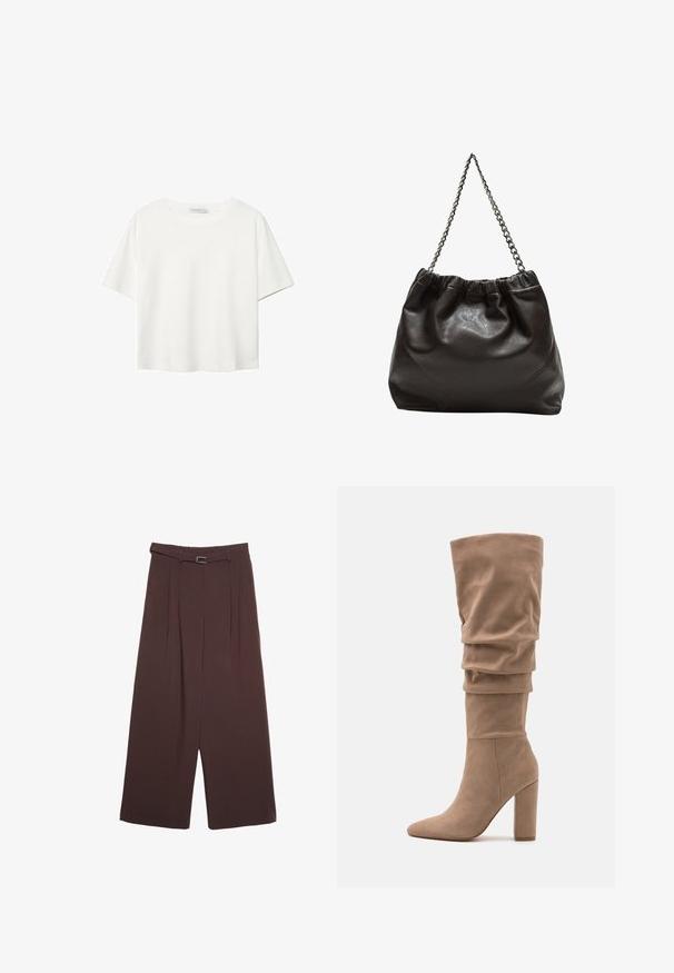 T-shirt blanc à manches courtes en coton. Doté d'un col ras du cou et d'une coupe décontractée. Texture lisse sans motifs ni accents visibles.; Stradivarius WIDE-LEG WITH BUCKLE DETAIL - Pantalon classique - dark brown; Anna Field Bottes - beige; Sac en cuir marron avec un haut froncé et une bandoulière en chaîne. Texture lisse avec une finition brillante et des coutures subtiles sur les côtés.