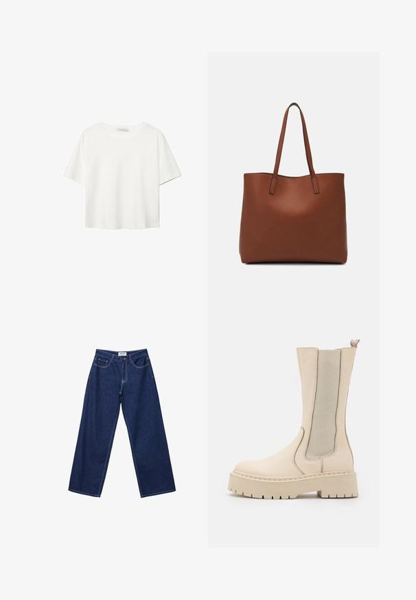 White short-sleeve t-shirt made of cotton. Features a crew neckline and a relaxed fit. Smooth texture with no visible patterns or accents.; Wide-leg dark blue denim jeans with a button closure, five pockets, and contrasting white stitching. The fabric has a smooth, slightly textured finish.; Beige ankle boots featuring a textured leather body, elastic side panels, and a chunky platform sole with a rugged tread design.; Brown leather tote bag with a smooth texture, open top design, and two shoulder straps. Features minimal stitching and no visible hardware.