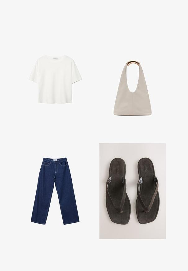 Vit t-shirt med kort ärm i bomull. Har en rundad halsringning och en avslappnad passform. Slät textur utan synliga mönster eller detaljer.; Vida vida mörkblå denim byxor med vid ben, knappstängning, fem fickor och kontrasterande vit sömnad. Tyget har en slät, något texturerad yta.; Bruna flip-flops i mocka med platt sula, utrustade med texturerade remmar och en enkel design. Inga ytterligare mönster eller detaljer finns.; Ljusgrå läderväska med en U-formad design och ett böjt metallhandtag. Slät textur med minimal sömnad och inga synliga mönster.