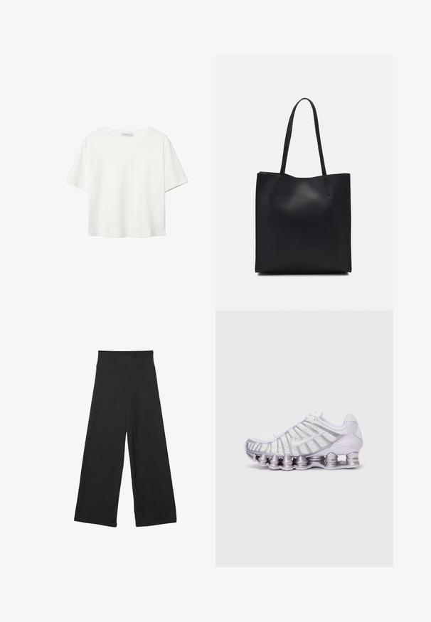 Hvid kortærmet t-shirt lavet af bomuld. Har en rund halsudskæring og en afslappet pasform. Glat tekstur uden synlige mønstre eller detaljer.; Sorte brede bukser med høj elastisk talje, blødt stof og løs pasform, velegnede til afslappet tøj eller uformelle anledninger.; Hvide og lilla sportsko med en mesh-overdel, et karakteristisk bølgemønster og store, afrundede stødabsorberende puder i sålen.; Sort læder tote taske med glat tekstur, rektangulær form og to lange hanke. Ingen synlig hardware eller udsmykninger.