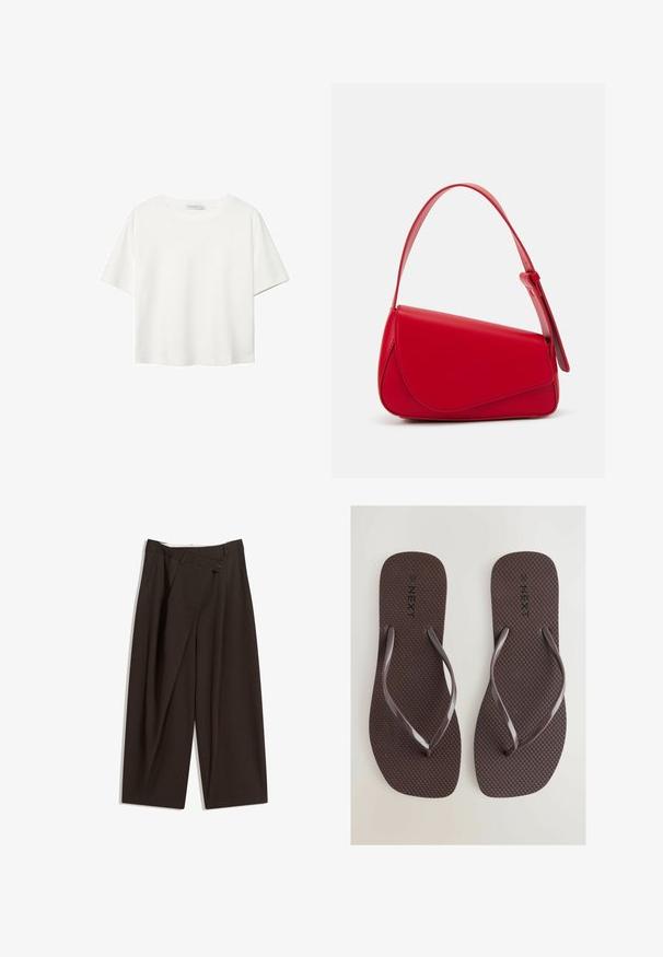 Hvid kortærmet t-shirt lavet af bomuld. Har en rund halsudskæring og en afslappet pasform. Glat tekstur uden synlige mønstre eller detaljer.; Mørkebrune brede bukser med høj talje, udstyret med en enkelt knaplukning og en plisseret front. Lavet af letvægtsstof.; Next SQUARE TOE - Klipklapper - chocolate brown; Rød læderhåndtaske med et kantet, geometrisk design. Har en enkelt justerbar rem og en klaplukning med syede detaljer.