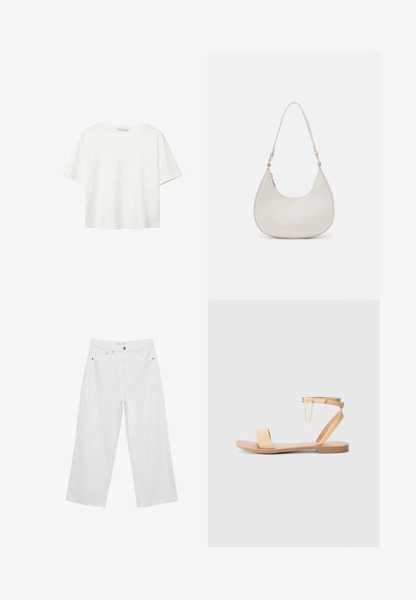 Biała koszulka z krótkim rękawem, wykonana z bawełny. Posiada okrągły dekolt i luźny krój. Gładka faktura bez widocznych wzorów czy akcentów.; Białe spodnie dżinsowe w stylu szerokich nogawek z wysokim stanem, wyposażone w pięć kieszeni i metalowe akcenty. Gładka struktura, bez widocznych wzorów.; Beżowe płaskie sandały z jedną szeroką paskiem, zapięciem na kostkę i dekoracyjnym łańcuchem. Gładka skórzopodobna tekstura i płaska podeszwa.; Kremowa skórzana torebka na ramię o kształcie półksiężyca, z cienkim paskiem i subtelnymi detalami przeszyć. Minimalistyczny design z akcentami w kolorze złota.