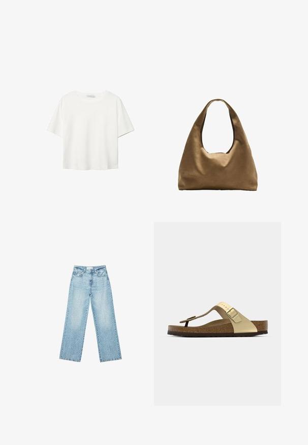 Biała koszulka z krótkim rękawem, wykonana z bawełny. Posiada okrągły dekolt i luźny krój. Gładka faktura bez widocznych wzorów czy akcentów.; Jasnoniebieskie jeansy z szerokimi nogawkami i wysokim stanem, z lekko wybledzonym wykończeniem i drobnymi, rozproszonymi przetarciami.; Sandały z korkową wkładką w jasnym złocie z paskiem między palcami i regulowanym zapięciem. Posiadają teksturowaną podeszwę dla lepszej przyczepności. Neutralna kolorystyka.; Brązowa torba na ramię z szerokim, zaokrąglonym kształtem i dużym wyciętym uchwytem. Miękka tekstura, minimalistyczny design i brak widocznych elementów metalowych.