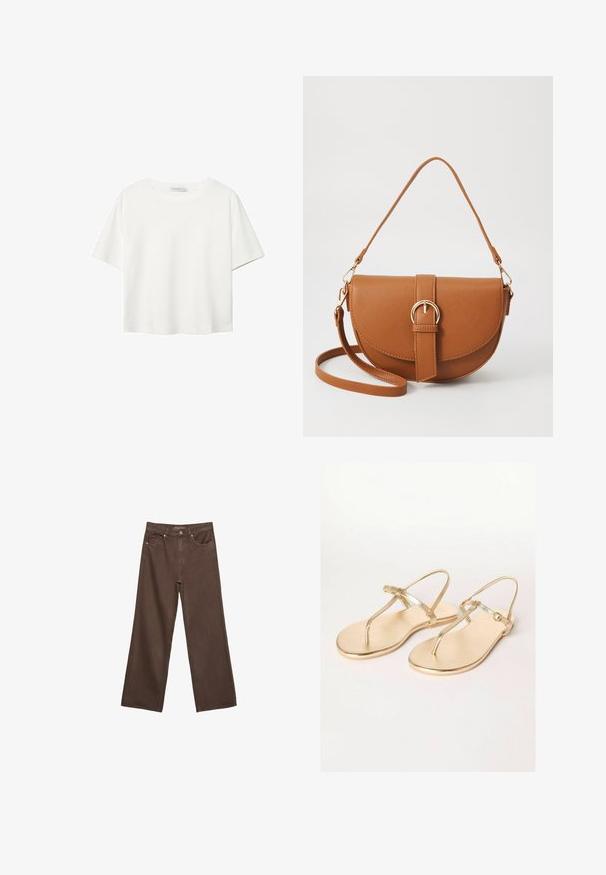 Biela krátkopsová tričko vyrobené z bavlny. Má okrúhly výstrih a voľný strih. Hladká textúra bez viditeľných vzorov alebo akcentov.; Džínsy s širokými nohavicami v hnedej farbe, vyrobené z denimu, so zvýšeným pásom, prednými vreckami a klasickým zapínaním na gombík. Hladká textúra s jemným prešívaním.; Friends Like These REGULAR FIT - TOE THONG FIT - Sandále T-bar - gold; Hnedá kožená kabelka cez telo s zakriveným tvarom, zlatými kovovými doplnkami a akcentom s prackou. Obsahuje odnímateľný ramenný popruh.