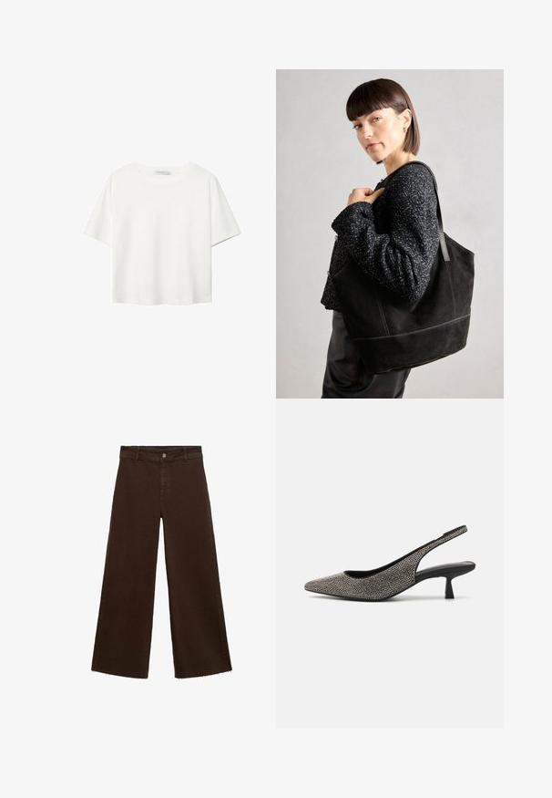 Bela kratka majica s kratkimi rokavi iz bombaža. Ima okroglo izrezovanje in sproščen kroj. Gladka tekstura brez vidnih vzorcev ali poudarkov.; Rjave široke hlače iz mešanice bombaža, z raztrganim robom, sprednjim gumbom in klasičnim dizajnom s petimi žepi. Minimalistične in vsestranske.; Slingback čevlji z ostrim nosom, pokriti s srebrnimi kamni, črna podlaga in majhna obložena peta. Gladka tekstura, eleganten dizajn.; Črna semiš torbica z gladko teksturo, strukturirano obliko in kontrastnim šivanjem. Ima dolge naramnice za nošenje na rami.