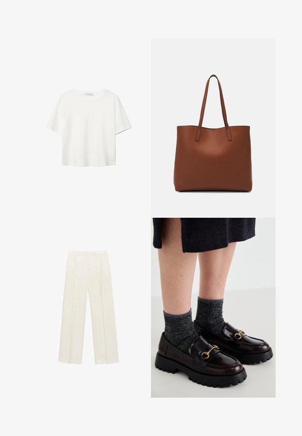 Weißes T-Shirt mit kurzen Ärmeln aus Baumwolle. Hat einen Rundhalsausschnitt und eine lockere Passform. Glatte Textur ohne sichtbare Muster oder Akzente.; Weit geschnittene Hosen in einem hellen cremefarbenen Farbton. Hergestellt aus einem glatten Stoff mit Falten an der Vorderseite und seitlichen Taschen.; Call it Spring CLUELESSS - Slipper - dark brown; Braune Leder-Tote mit glatter Textur, offenem Oberteil und zwei Schulterriemen. Verfügt über minimale Nähte und keine sichtbaren Beschläge.