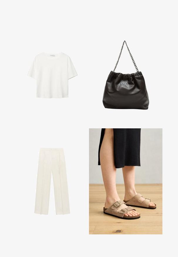 Hvid kortærmet t-shirt lavet af bomuld. Har en rund halsudskæring og en afslappet pasform. Glat tekstur uden synlige mønstre eller detaljer.; Bredbenede bukser i en lys cremefarve. Fremstillet af et glat stof med plisseringer foran og sidelommer.; Beige ruskindssandaler med to justerbare stropper, korksål og gummisåler, præsenteret på fødderne mod en baggrund af trægulv.; Brun lædertaske med en rynket top og en kædestrop. Glat tekstur med en blank finish og subtile sømdetaljer på siderne.