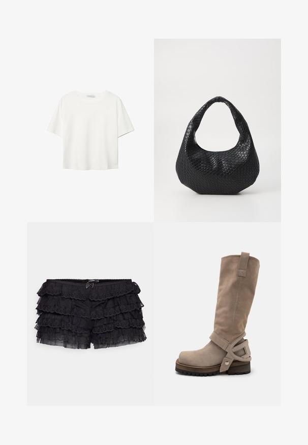 Bílý krátký rukáv tričko vyrobené z bavlny. Má kulatý výstřih a volný střih. Hladký materiál bez viditelných vzorů nebo akcentů.; Jaded London BLOOMER SHORTS - Šortky - black; Diesel D-TEXAN 2IN1 CH - Kovbojské/motorkářské kozačky - beige; Černá tkaná kabelka s křivým uchem, vybavena texturovaným povrchem a uvolněným tvarem. Hladký povrch s organickou siluetou.