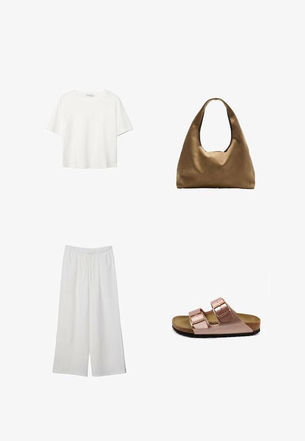 T-shirt bianco a maniche corte realizzato in cotone. Presenta un collo tondo e una vestibilità rilassata. Texture liscia senza motivi o dettagli visibili.; Pantaloni bianchi a gamba larga realizzati in tessuto leggero, dotati di una vita elastica e di un cordino per una vestibilità regolabile. Texture liscia.; Sandal in pelle vegana rosa con due cinturini regolabili a fibbia, sottopiede in sughero e suola in gomma nera. Design minimalista con profilo piatto.; Borsa a spalla in tessuto marrone con un corpo ampio e arrotondato e una grande maniglia a taglio. Texture morbida, design minimalista e senza hardware visibile.