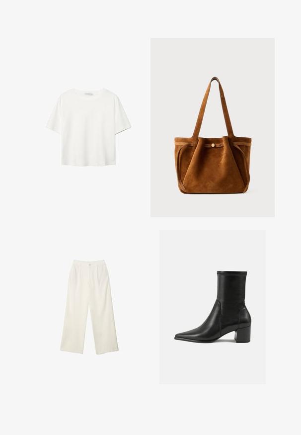 Bijela majica kratkih rukava od pamuka. Ima okrugli izrez i opušteni kroj. Glatka tekstura bez vidljivih uzoraka ili naglasaka.; Hlače širokih nogavica od kremaste tkanine s glatkom teksturom, s jednim prednjim gumbom, suptilnim plitvicama i visokim strukom.; Crne gležnjače od glatke kože, s šiljastim prstom, blok petom i izraženim uvećanim šavom na gornjem rubu.; Smešnjak smeđi toaletni torba s dvostrukim ručkama, trakama za zakopčavanje i ležernim, blago opuštenim oblikom.