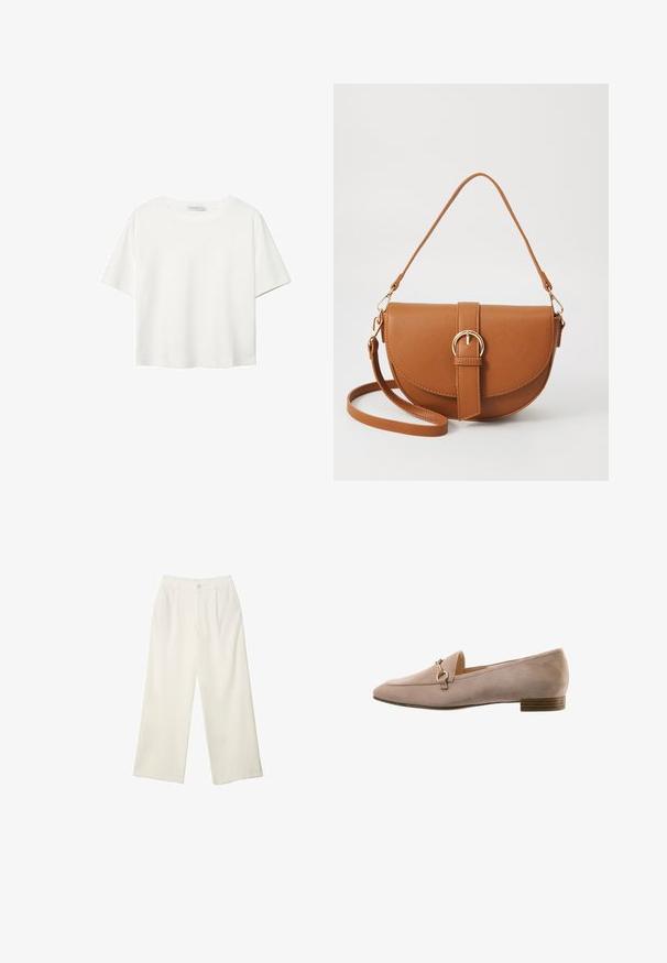 Biała koszulka z krótkim rękawem, wykonana z bawełny. Posiada okrągły dekolt i luźny krój. Gładka faktura bez widocznych wzorów czy akcentów.; Spodnie z szerokimi nogawkami w kremowej tkaninie o gładkiej fakturze, z pojedynczym guzikiem z przodu, subtelnymi plisami i wysokim stanem.; Beżowe zamszowe loafersy ze spiczastym czubkiem, małym obcasem i akcentami w kolorze złota. Gładka tekstura z minimalistycznymi elementami wykonania.; Brązowa skórzana torba na ramię o zaokrąglonym kształcie, ze złotymi akcentami i zapięciem w formie klamry. Posiada odpinany pasek na ramię.