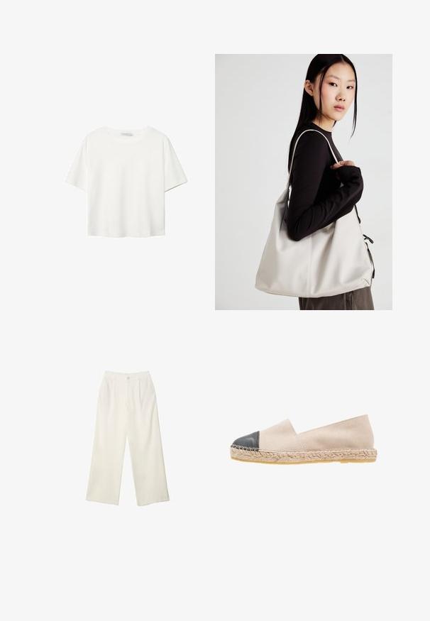 Witte korte mouwen t-shirt van katoen. Heeft een ronde halslijn en een ontspannen pasvorm. Glad textuur zonder zichtbare patronen of accenten.; Brede broekspijpen in crème stof met een gladde textuur, voorzien van een enkele frontknop, subtiele plooien en een hoge taille.; Beige suede espadrille met een zwarte leren captoe, gevlochten jute zool en een eenvoudig instapontwerp. Soepele textuur en lichtgewicht.; Beige handtas gemaakt van zacht materiaal, met een slonzig ontwerp, gestikte details en twee schouderbanden. Geschikt voor dagelijks gebruik.