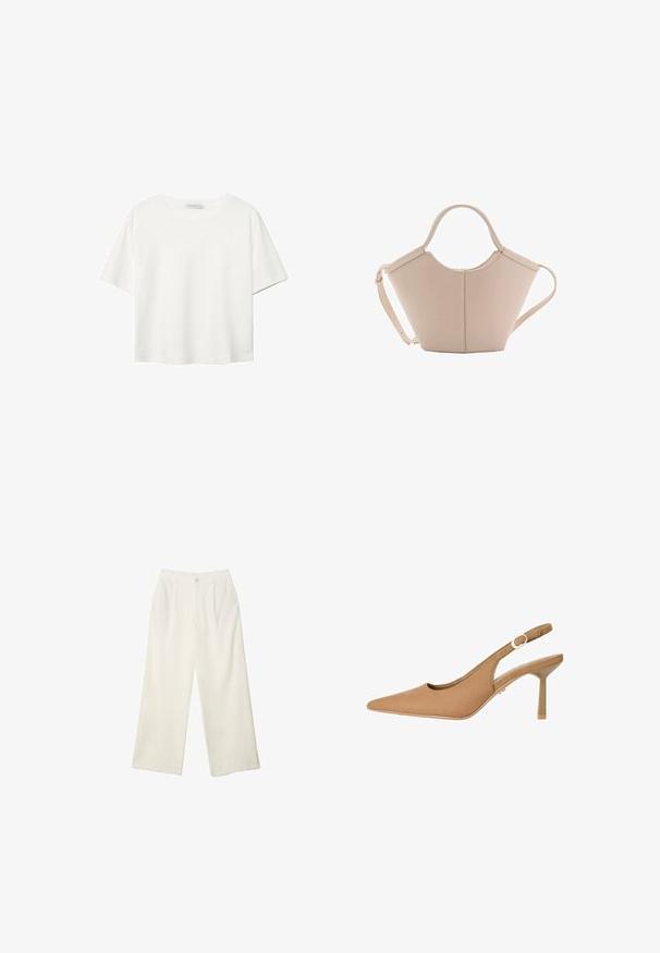 T-shirt blanc à manches courtes en coton. Doté d'un col ras du cou et d'une coupe décontractée. Texture lisse sans motifs ni accents visibles.; Pantalons à jambes larges en tissu crème avec une texture lisse, dotés d'un seul bouton à l'avant, de plis subtils et d'un design taille haute.; Talons de slingback marron avec un bout pointu, texture lisse, sangle ajustable et talon fin. Design minimaliste avec un accent discret en or.; Sac à main en cuir beige avec une forme unique, doté de deux poignées courtes et d'une longue sangle réglable. Texture lisse avec un minimum de matériel.