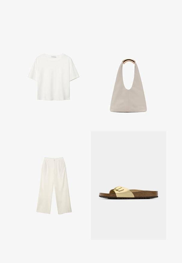 Biała koszulka z krótkim rękawem, wykonana z bawełny. Posiada okrągły dekolt i luźny krój. Gładka faktura bez widocznych wzorów czy akcentów.; Spodnie z szerokimi nogawkami w kremowej tkaninie o gładkiej fakturze, z pojedynczym guzikiem z przodu, subtelnymi plisami i wysokim stanem.; Złote syntetyczne klapki z jedną paskiem i akcentem w postaci klamry, z brązowym korkowym wkładką i teksturowaną gumową podeszwą.; Jasnoszara skórzana torba o kształcie litery U z zakrzywionym metalowym uchwytem. Gładka tekstura z minimalnymi szwami i bez widocznych wzorów.
