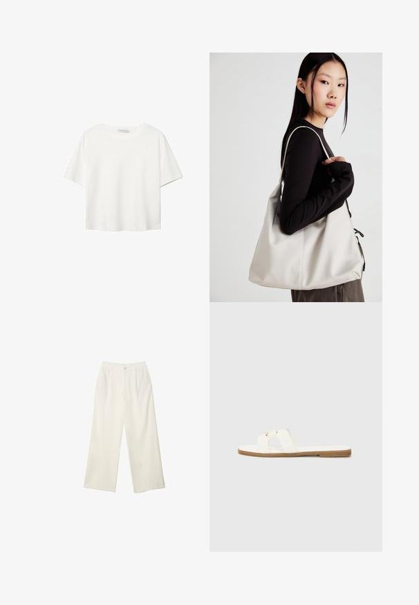 Weißes T-Shirt mit kurzen Ärmeln aus Baumwolle. Hat einen Rundhalsausschnitt und eine lockere Passform. Glatte Textur ohne sichtbare Muster oder Akzente.; Helle Stoffhose mit weitem Bein und glatter Textur, ausgestattet mit einem einzelnen Knopf vorne, dezenten Falten und einem Hochbund-Design.; Weiße flache Riemensandale mit minimalistischem Design, ausgestattet mit zwei überkreuzten Riemen und goldfarbigen Hardware-Akzenten auf einer braunen Sohle.; Beige Handtasche aus weichem Material, mit einem lässigen Design, gesteppten Details und zwei Schulterriemen. Geeignet für den täglichen Gebrauch.