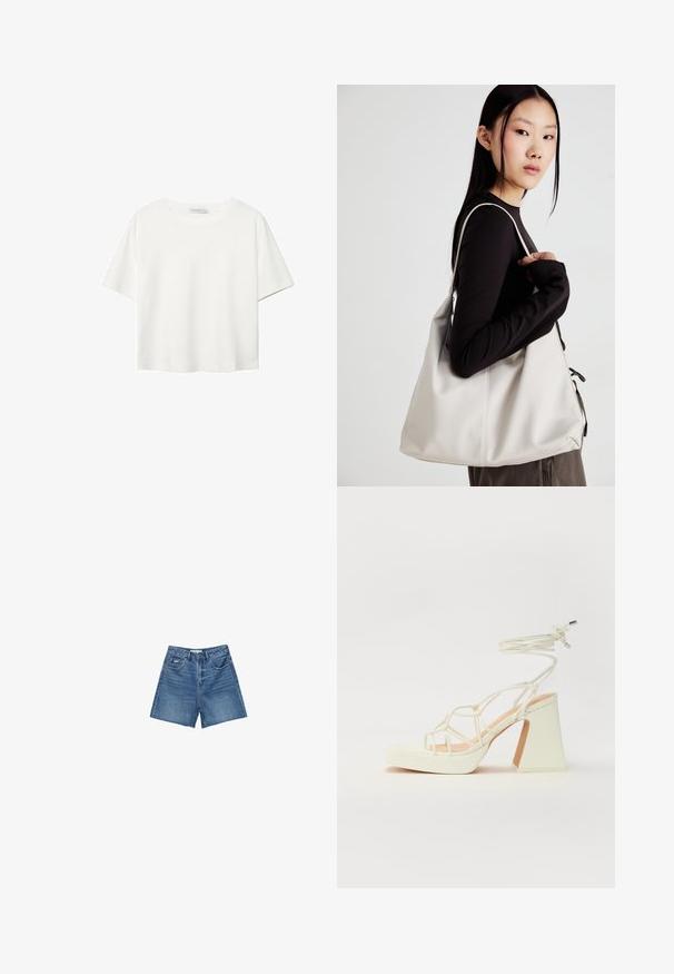 Biela krátkopsová tričko vyrobené z bavlny. Má okrúhly výstrih a voľný strih. Hladká textúra bez viditeľných vzorov alebo akcentov.; Džínové šortky s stredne modrým praním, so klasickým dizajnom piatich vreciek, pútkami na opasok a zipsom s gombíkovým zapínaním.; Biele sandále na vysokom opätku s hrubým podpätkom, s pruhovaným dizajnom a viazaním na členku. Hladký povrch s platformou vpredu pre zvýšenú výšku.; Béžová kabelka vyrobená z mäkkého materiálu, s uvoľneným dizajnom, prišitými detailmi a dvoma popruhmi na nosenie na pleciach. Vhodná na každodenné nosenie.