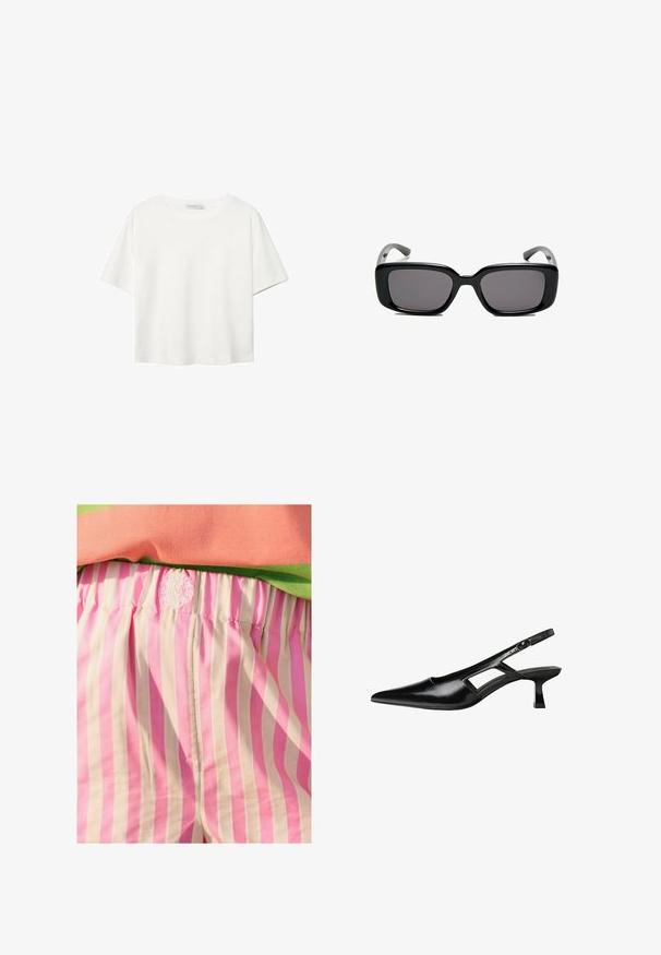 Valkoinen lyhythihainen T-paita, joka on tehty puuvillasta. Siinä on pyöreä kaula-aukko ja rento malli. Silkkinen pinta ilman näkyviä kuvioita tai koristeita.; Vaaleanpunaiset ja kerma-siivuiset kankaiset shortsit, joissa on joustava vyötärö. Vyötäröllä on brodeerattu logo. Sileä pinta.; Mustat lakatut nahkakengät, joissa on viistopää, leikattu sivusuunnassa ja pieni neliökoroke. Sujuva pinta, jossa on minimaalinen koristelu.; Mustat suorakulmaiset aurinkolasit tummilla linsseillä, sileä muovikehys ja kaarevat templet. Suunnittelu on jykevä ja minimalistinen.