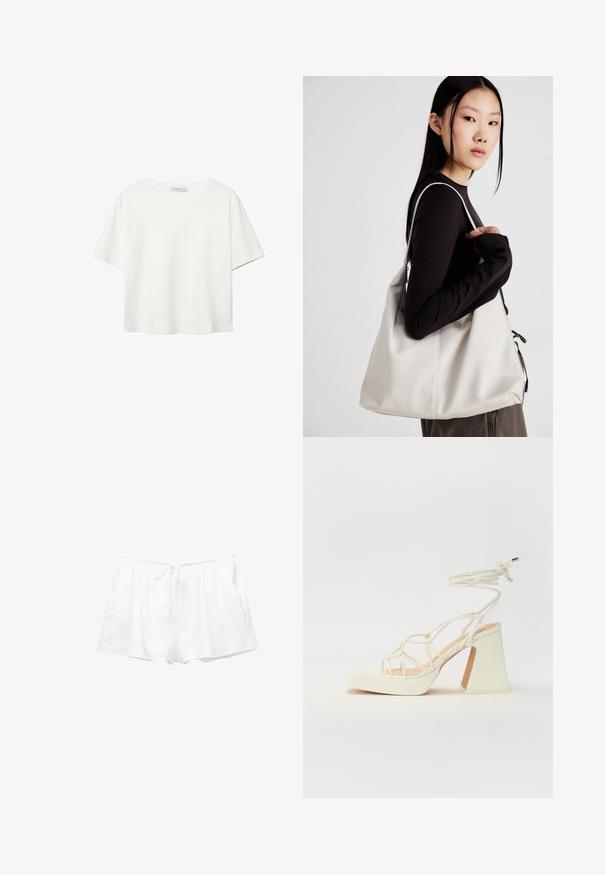 T-shirt blanc à manches courtes en coton. Doté d'un col ras du cou et d'une coupe décontractée. Texture lisse sans motifs ni accents visibles.; Shorts en coton blanc avec une taille élastique, un cordon de serrage ajustable et des poches latérales. Texture douce et design simple avec une coupe ample.; Sandale blanche à talons hauts avec un talon épais, présentant un design à lanières et un lien autour de la cheville. Texture lisse avec une plateforme à l'avant pour une hauteur supplémentaire.; Sac à main beige en matériau souple, avec un design décontracté, des détails cousus et deux poignées. Idéal pour un usage quotidien.