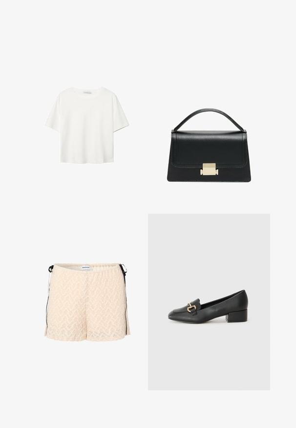 Bela kratka majica s kratkimi rokavi iz bombaža. Ima okroglo izrezovanje in sproščen kroj. Gladka tekstura brez vidnih vzorcev ali poudarkov.; Breskvene čipkaste kratke hlače z elastičnim pasom, stranskimi zavezalkami in chevron vzorcem. Mehka tekstura in ohlapen kroj za udobje.; Črne usnjene loafersice s ravnim petkom, ki imajo dekorativen zlat detajl spredaj in gladko teksturo.; Črna usnjena torbica z strukturiranim dizajnom, zgornjim ročajem in zlate kovinske sponke na sprednji strani. Gladka tekstura, minimalno šivanje.