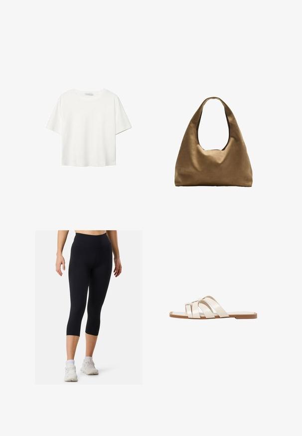 Vit t-shirt med kort ärm i bomull. Har en rundad halsringning och en avslappnad passform. Slät textur utan synliga mönster eller detaljer.; Svarta atletiska leggings med hög midja och kort längd, tillverkade av mjukt material, kombinerade med vita sneakers och strumpor i ankellängd.; Platta sandaler med en brun gummisula, designade med tre överlappande vita läderspännen och en liten rosett i mitten.; Brun tygaxelväska med en bred, rundad kropp och ett stort utskärningshandtag. Mjukt material, minimalistisk design och ingen synlig hårdvara.